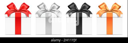 Set vettoriale di confezioni regalo bianche con nastri di colore diverso. Giftbox realistico nella vista frontale, isolato su sfondo bianco. Illustrazione Vettoriale