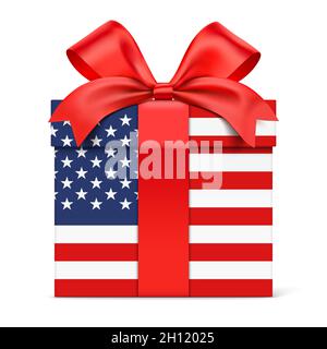 Confezione regalo con bandiera USA, isolata su sfondo bianco. Patriottico presente con stampa di bandiera USA, illustrazione vettoriale. Illustrazione Vettoriale