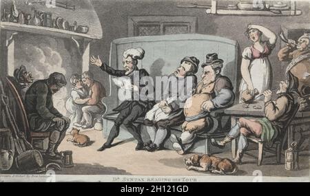 Il Rev. Dr. Syntax lettura il suo Tour. Thomas Rowlandson (britannico, 1756-1827). Incisione, colorata a mano; Foto Stock