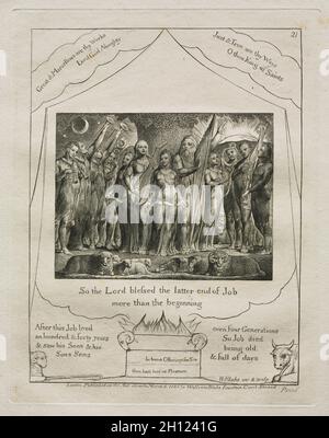 Il Libro di Giobbe: PL. 21, così il Signore benedisse l'ultima fine di Giobbe / più dell'inizio, 1825. William Blake (britannico, 1757-1827). Incisione; Foto Stock