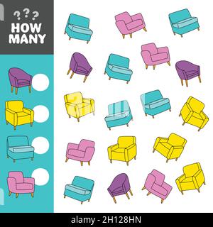 Foglio di lavoro stampabile per asilo e scuola prescolare. Gioco di matematica per prescolare e bambini della scuola. Gioco di conteggio con sedie Illustrazione Vettoriale