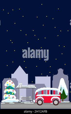 Strada notturna invernale con casa, albero di neve, nube di cespuglio, lanterna cartoon card piatta. Buon Natale e felice anno nuovo Illustrazione Vettoriale