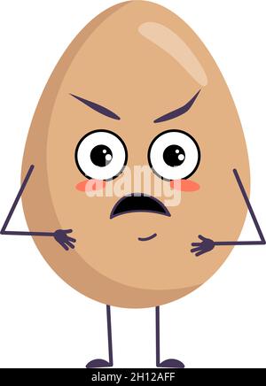 Simpatici personaggi di uova con emozioni arrabbiate, viso, braccia e gambe. Buona Pasqua decorazione. L'eroe dell'alimento divertente o grumpy. Illustrazione piatta vettoriale Illustrazione Vettoriale