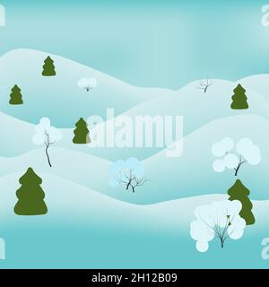 Paesaggio natalizio di colline innevate e alberi innevati illustrazione vettoriale in stile Doodle Illustrazione Vettoriale