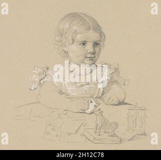 Ritratto di un bambino, 1800s. Henri Lehmann (Francese, 1814-1882). La grafite con aumentava bianco su carta velina marrone carta incollato in basso sulla crema carta intessuta - una pagina da un album; foglio: 20,8 x 24,6 cm (8 3/16 x 9 11/16 in.). Foto Stock