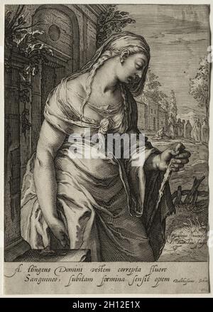 Eroine del nuovo Testamento: La Donna con il numero di sangue, c. 1595. Jan Saenredam (olandese, 1565-1607), dopo Hendrick Goltzius (olandese, 1558-1617). Incisione; Foto Stock