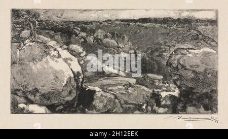 Fontainebleau Foresta: Il Cirque di Long-Rocher , 1888. Auguste Louis Lepère (francese, 1849-1918). Incisione in legno; foglio: 17 x 22.5 cm (6 11/16 x 8 7/8 poll.); platemark: 8.1 x 16 cm (3 3/16 x 6 5/16 poll.). Foto Stock