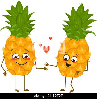 Simpatici personaggi ananas con emozioni d'amore, viso, braccia e gambe. Gli eroi divertenti o felici del cibo, la frutta si innamorano. Illustrazione piatta vettoriale Illustrazione Vettoriale