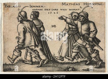 Il matrimonio contadino o i dodici mesi: 1-Fabianus Jenner 2-Mathias Hornung, 1546. Hans Sebald Beham (tedesco, 1500-1550). Incisione; Foto Stock