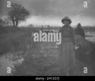 Vita e paesaggio sui Broads di Norfolk: Poling il fieno di palude, 1886. Peter Henry Emerson (britannico, 1856-1936). Stampa Platinum; immagine: 23.3 x 28.8 cm (9 3/16 x 11 5/16 pollici); opaca: 45.7 x 55.9 cm (18 x 22 pollici). Foto Stock