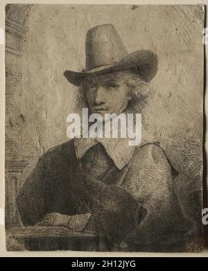 Ritratto di un uomo con un alto cappello, 1642/1651. Ferdinand Bol (Olandese, 1616-1680). Incisione e puntasecca; foglio: 13,4 x 10,7 cm (5 1/4 x 4 3/16 in.). Foto Stock