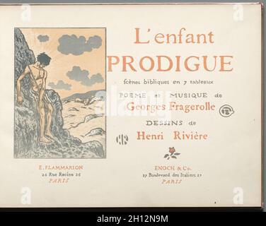 Il Figlio Prodigo: Pagina del titolo, 1895. Henri Rivière (francese, 1864-1951). 17 litografie a colori in un volume legato che illustra la poesia e la musica di Georges Fragerolle: Litografie a colori; libro: 24.5 x 32.2 cm (9 5/8 x 12 11/16 pollici). Foto Stock