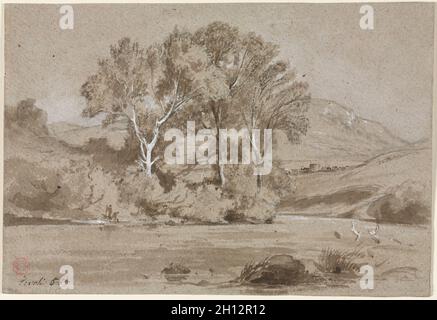 Visualizzare nei pressi di Tivoli (Vue prise à Tivoli), 1857. Jean Achille Benouville (Francese, 1815-1891). Lavaggio marrone (con il punto di lavoro della spazzola) con lavaggio grigio e grafite, rafforzata con il bianco (vernice/gouache); foglio: 18,7 x 27,4 cm (7 3/8 x 10 13/16 in.). Foto Stock