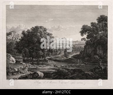 Paesaggio eroico: bovini attraversando il fiume, 1795. Johann Christian Reinhart (Tedesco, 1761-1847). Incisione; foglio: 42,9 x 53,8 cm (16 7/8 x 21 3/16 in.). Foto Stock