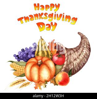 Cornucopia e testo Felice Ringraziamento. Un cestino di verdure e frutta per le vacanze. Testo arancione-giallo con contorno nero. Acquerello illustrat Foto Stock