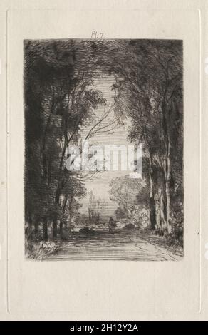 La piastra 7, Traité de la Gravure à l'Eau-Forte: Traveler su una strada in una foresta, 1866. Maxime Lalanne (Francese, 1827-1886). Incisione e puntasecca; foglio: 24,9 x 17,5 cm (9 13/16 x 6 7/8 in.); platemark: 18,3 x 11,6 cm (7 3/16 x 4 9/16 in.). Foto Stock
