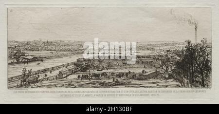 Artistiques du Siège de Paris souvenir: Vista dal Viadotto al Pont-du-Jour, Panorama de la Seine, 1870-71. Maxime Lalanne (francese, 1827-1886), Cadart et luce. Incisione; Foto Stock