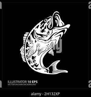 Vector Illustration of a largemouth bass fish jumping in black background fatto in stile retrò. Illustrazione Vettoriale