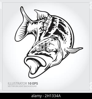 Vector Illustration of a largemouth bass fish jumping in bianco background fatto in stile retrò. Illustrazione Vettoriale