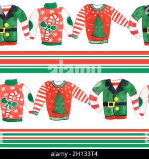 Acquerello motivo disegnato a mano senza cuciture con jumper natalizio brutto. Rosso verde colori tradizionali per il nuovo anno sfondo celebrazione con canne agrifoglio biscotti ornamenti. Design retrò brillante per carta da imballaggio in tessuto Foto Stock