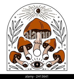 Funghi magici e fasi lunari per temi esoterici. Illustrazione vettoriale a colori. Illustrazione Vettoriale