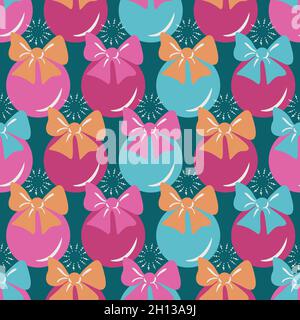 Modello vettoriale senza cuciture con palle di Natale con nodi di prua e fiocchi di neve. Design con baubles di Natale. Illustrazione Vettoriale