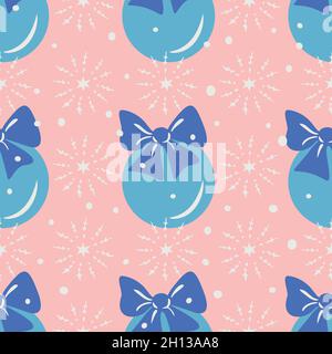 Modello vettoriale senza cuciture con palle di Natale e fiocchi di neve disegnati a mano. Design con palline blu di Natale su sfondo rosa. Illustrazione Vettoriale