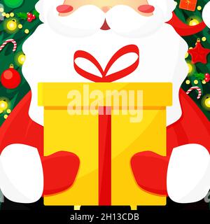 Babbo Natale scatola regalo in mano sullo sfondo albero di Natale. Scheda grafica vettoriale piatta. Illustrazione Vettoriale