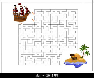 Un gioco per bambini passa attraverso un labirinto, una nave pirata, un'isola. Vettore isolato su sfondo bianco Illustrazione Vettoriale