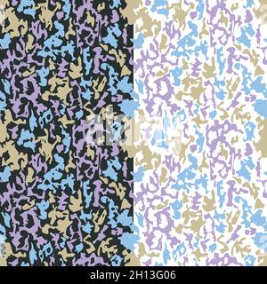 Camouflage motivo senza giunture. Macchie astratte illustrazione casuale in blu, lilla colori. Bianco o grigio scuro sfondo a colori facilmente modificabile. Vettore Illustrazione Vettoriale