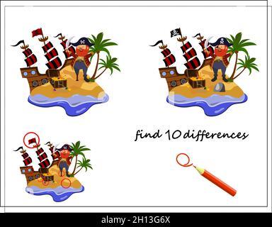 Un gioco per bambini trova le differenze, pirati e una nave pirata sull'isola. Vettore isolato su sfondo bianco Illustrazione Vettoriale