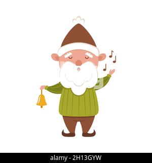 Caroli di gnome con campana. Felice Santa helper in un simpatico cappello invernale e maglione verde. L'elfo di Natale canta una canzone. Personaggio Cartoon vacanza Illustrazione Vettoriale
