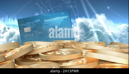 Immagine della carta di credito tramite rete di collegamenti e pila di monete in euro Foto Stock