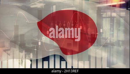 Immagine delle statistiche finanziarie che registrano la bandiera del giappone sventolando Foto Stock