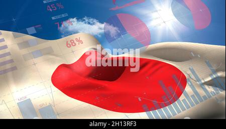 Immagine delle statistiche finanziarie che registrano la bandiera del giappone sventolando Foto Stock
