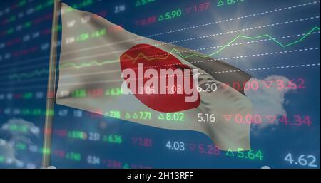 Immagine delle statistiche finanziarie che registrano la bandiera del giappone sventolando Foto Stock