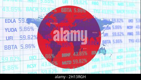 Immagine della registrazione delle statistiche finanziarie e della mappa mondiale sulla bandiera del giappone Foto Stock