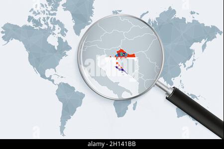 Mappa del mondo con una lente d'ingrandimento che punta alla Croazia. Mappa della Croazia con la bandiera nel loop. Illustrazione vettoriale. Illustrazione Vettoriale
