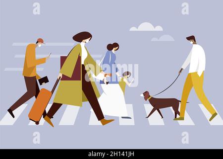 Illustrazione di persone occupate che indossano maschera protettiva per il viso che camminano attraverso la strada in una città Illustrazione Vettoriale