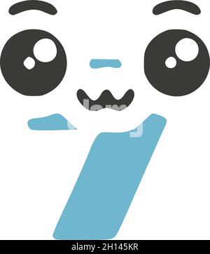 Numero 7 carino kawaii personaggio, divertente emoticon vettore clip art. Illustrazione Vettoriale