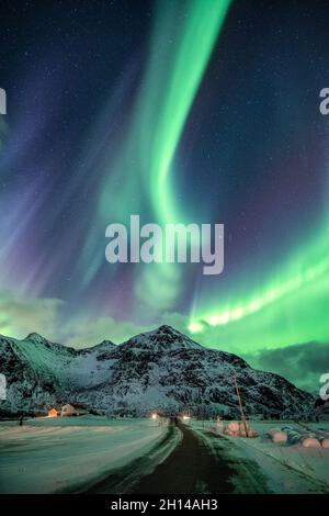 Aurora Borealis, l'esplosione dell'aurora boreale sulle montagne innevate e sulle strade d'inverno a Flakstad, isole Lofoten, Norvegia Foto Stock