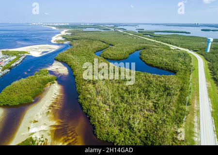 Bonita Springs Florida, Big Hickory Pass, riserva acquatica di Estero Bay, vista aerea dall'alto di Estero Boulevard Bay Island Foto Stock