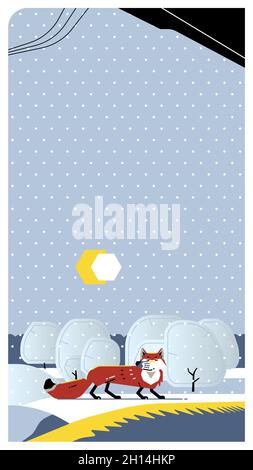 Cartone animato volpe in inverno, illustrazione stile libro per bambini, banner verticale 16x9 Illustrazione Vettoriale
