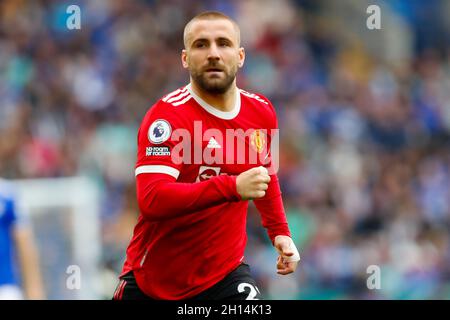 King Power Stadium, Leicester, Regno Unito. 16 ottobre 2021. Premier League Football, Leicester City versus Manchester United; Luke Shaw of Manchester United Credit: Action Plus Sports/Alamy Live News Foto Stock