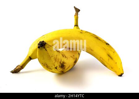 Due banane con macchie nere isolate su sfondo bianco. Frutta che cominciano a rovinare Foto Stock