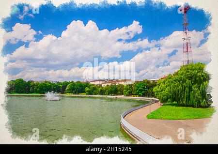 Disegno acquerello del paesaggio urbano di Minsk con argini del fiume Svislach o Svislac, Parco Janka Kupala e edificio della sede Generale in cen storico Foto Stock