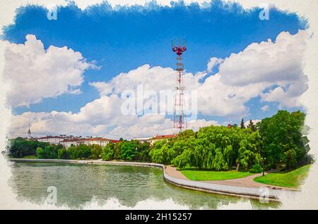 Disegno acquerello del paesaggio urbano di Minsk con argini del fiume Svislach o Svislac e torre della televisione nel centro storico, blu cielo bianco nuvole in su Foto Stock