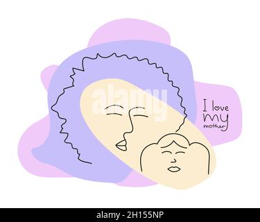 Cartolina in stile arte linea. Testa di madre e bambino. Iscrizione Io amo mia mamma. Illustrazione vettoriale. Illustrazione Vettoriale