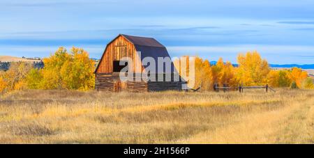 panorama di un vecchio fienile in autunno a jens, montana Foto Stock