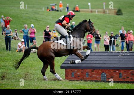 Fair Hill, MD, USA. 16 ottobre 2021. 16 ottobre 2021: Bruce O. Davidson Jr. (USA), a bordo di Jak My Style, compete durante il Cross Country Test al livello 5* durante il Maryland Five-Star alla Fair Hill Special Event zone di Fair Hill, Maryland il 16 ottobre 2021. Jon Durr/Eclipse Sportswire/CSM/Alamy Live News Foto Stock